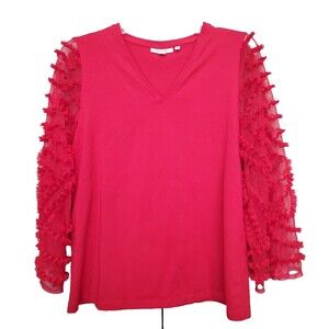 CHICO'S Red Burnout Chiffon Sleeve Knit V-Neck Top Size 1 Medium